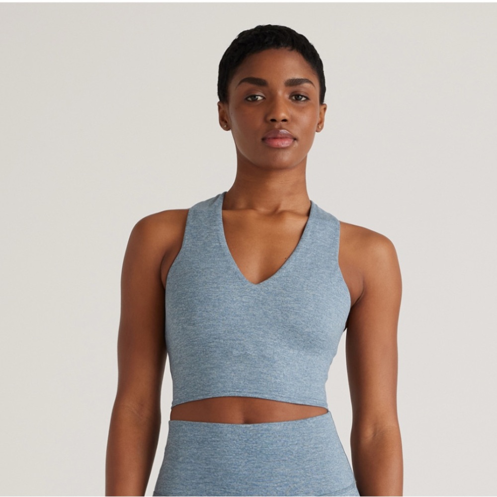Quince Ultra-Soft V-Neck Cropped Tank, Small Heather Sky Blue